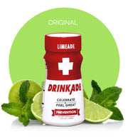 DrinkAde Prevention red bottle and fresh limes